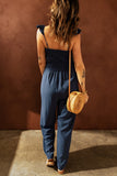 Blue Ruffle Sleeve Smocked Bodice Wide Leg Jumpsuit for Women LC643773-5