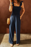 Blue Ruffle Sleeve Smocked Bodice Wide Leg Jumpsuit for Women LC643773-5