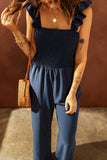 Blue Ruffle Sleeve Smocked Bodice Wide Leg Jumpsuit for Women LC643773-5