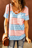 Sky Blue July 4th Graphic T Shirt Stars and Stripes Print Crisscross Neck Tee LC2525074-4