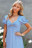 Sky Blue Puff Sleeve Midi Dress Ring Front Flowy Dress for Women LC618573-4