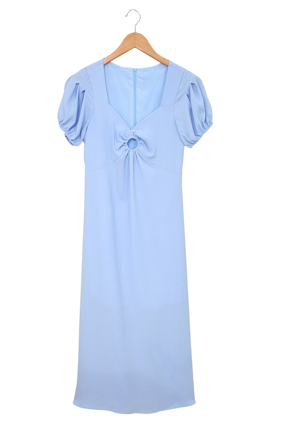 Sky Blue Puff Sleeve Midi Dress Ring Front Flowy Dress for Women LC618573-4