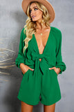 LC643624-9-S, LC643624-9-M, LC643624-9-L, LC643624-9-XL, LC643624-9-2XL, Green Women's Sexy V Neck Jumpsuits Chiffon Tie Knot Front Puff Long Sleeve Romper