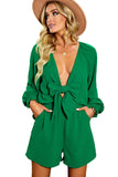 LC643624-9-S, LC643624-9-M, LC643624-9-L, LC643624-9-XL, LC643624-9-2XL, Green Women's Sexy V Neck Jumpsuits Chiffon Tie Knot Front Puff Long Sleeve Romper