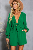 LC643624-9-S, LC643624-9-M, LC643624-9-L, LC643624-9-XL, LC643624-9-2XL, Green Women's Sexy V Neck Jumpsuits Chiffon Tie Knot Front Puff Long Sleeve Romper