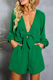 LC643624-9-S, LC643624-9-M, LC643624-9-L, LC643624-9-XL, LC643624-9-2XL, Green Women's Sexy V Neck Jumpsuits Chiffon Tie Knot Front Puff Long Sleeve Romper