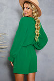 LC643624-9-S, LC643624-9-M, LC643624-9-L, LC643624-9-XL, LC643624-9-2XL, Green Women's Sexy V Neck Jumpsuits Chiffon Tie Knot Front Puff Long Sleeve Romper