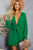 LC643624-9-S, LC643624-9-M, LC643624-9-L, LC643624-9-XL, LC643624-9-2XL, Green Women's Sexy V Neck Jumpsuits Chiffon Tie Knot Front Puff Long Sleeve Romper
