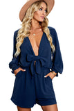 LC643624-5-S, LC643624-5-M, LC643624-5-L, LC643624-5-XL, LC643624-5-2XL, Blue Women's Sexy V Neck Jumpsuits Chiffon Tie Knot Front Puff Long Sleeve Romper