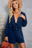 LC643624-5-S, LC643624-5-M, LC643624-5-L, LC643624-5-XL, LC643624-5-2XL, Blue Women's Sexy V Neck Jumpsuits Chiffon Tie Knot Front Puff Long Sleeve Romper