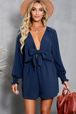 LC643624-5-S, LC643624-5-M, LC643624-5-L, LC643624-5-XL, LC643624-5-2XL, Blue Women's Sexy V Neck Jumpsuits Chiffon Tie Knot Front Puff Long Sleeve Romper