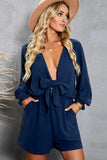 LC643624-5-S, LC643624-5-M, LC643624-5-L, LC643624-5-XL, LC643624-5-2XL, Blue Women's Sexy V Neck Jumpsuits Chiffon Tie Knot Front Puff Long Sleeve Romper