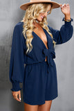 LC643624-5-S, LC643624-5-M, LC643624-5-L, LC643624-5-XL, LC643624-5-2XL, Blue Women's Sexy V Neck Jumpsuits Chiffon Tie Knot Front Puff Long Sleeve Romper