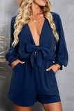 LC643624-5-S, LC643624-5-M, LC643624-5-L, LC643624-5-XL, LC643624-5-2XL, Blue Women's Sexy V Neck Jumpsuits Chiffon Tie Knot Front Puff Long Sleeve Romper