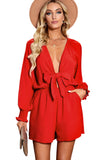 LC643624-3-S, LC643624-3-M, LC643624-3-L, LC643624-3-XL, LC643624-3-2XL, Red Women's Sexy V Neck Jumpsuits Chiffon Tie Knot Front Puff Long Sleeve Romper