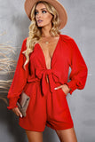 LC643624-3-S, LC643624-3-M, LC643624-3-L, LC643624-3-XL, LC643624-3-2XL, Red Women's Sexy V Neck Jumpsuits Chiffon Tie Knot Front Puff Long Sleeve Romper