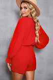 LC643624-3-S, LC643624-3-M, LC643624-3-L, LC643624-3-XL, LC643624-3-2XL, Red Women's Sexy V Neck Jumpsuits Chiffon Tie Knot Front Puff Long Sleeve Romper