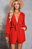 LC643624-3-S, LC643624-3-M, LC643624-3-L, LC643624-3-XL, LC643624-3-2XL, Red Women's Sexy V Neck Jumpsuits Chiffon Tie Knot Front Puff Long Sleeve Romper