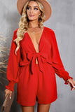 LC643624-3-S, LC643624-3-M, LC643624-3-L, LC643624-3-XL, LC643624-3-2XL, Red Women's Sexy V Neck Jumpsuits Chiffon Tie Knot Front Puff Long Sleeve Romper