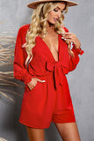 LC643624-3-S, LC643624-3-M, LC643624-3-L, LC643624-3-XL, LC643624-3-2XL, Red Women's Sexy V Neck Jumpsuits Chiffon Tie Knot Front Puff Long Sleeve Romper