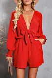 LC643624-3-S, LC643624-3-M, LC643624-3-L, LC643624-3-XL, LC643624-3-2XL, Red Women's Sexy V Neck Jumpsuits Chiffon Tie Knot Front Puff Long Sleeve Romper
