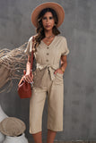 LC643609-16-S, LC643609-16-M, LC643609-16-L, LC643609-16-XL, LC643609-16-2XL, Khaki Women's Casual Long Pants Romper V Neck Pocketed Jumpsuit