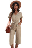 LC643609-16-S, LC643609-16-M, LC643609-16-L, LC643609-16-XL, LC643609-16-2XL, Khaki Women's Casual Long Pants Romper V Neck Pocketed Jumpsuit