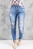 Sky Blue Women’s Stretchy Skinny High Rise Pants Button Ripped Denim Jeans LC78227-4