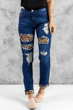 Blue Ladies Ripped Boyfriend Jeans Hollow Out Leopard Denim Pants LC78394-5