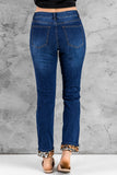 Blue Ladies Ripped Boyfriend Jeans Hollow Out Leopard Denim Pants LC78394-5