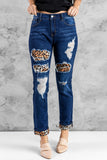 Blue Ladies Ripped Boyfriend Jeans Hollow Out Leopard Denim Pants LC78394-5