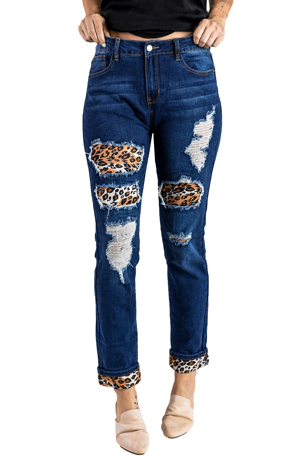 Blue Ladies Ripped Boyfriend Jeans Hollow Out Leopard Denim Pants LC78394-5