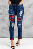 Red Ladies Ripped Boyfriend Jeans Hollow Out Leopard Denim Pants LC78394-3