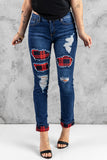 Red Ladies Ripped Boyfriend Jeans Hollow Out Leopard Denim Pants LC78394-3