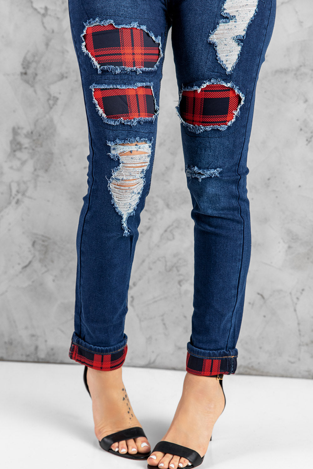 Red Ladies Ripped Boyfriend Jeans Hollow Out Leopard Denim Pants LC78394-3