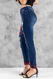 Red Ladies Ripped Boyfriend Jeans Hollow Out Leopard Denim Pants LC78394-3