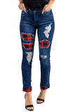 Red Ladies Ripped Boyfriend Jeans Hollow Out Leopard Denim Pants LC78394-3