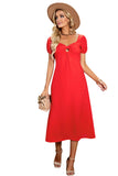 Red Puff Sleeve Midi Dress Ring Front Flowy Dress for Women LC618573-3