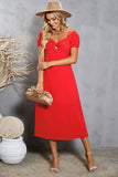 Red Puff Sleeve Midi Dress Ring Front Flowy Dress for Women LC618573-3