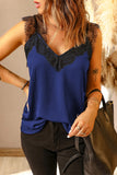 LC251886-5-S, LC251886-5-M, LC251886-5-L, LC251886-5-XL, LC251886-5-2XL, Blue Women's V Neck Sleeveless Lace Trim Camisole Sleeveless Tank Top