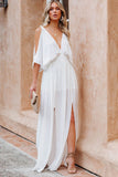 LC619680-1-S, LC619680-1-M, LC619680-1-L, LC619680-1-XL, White Women's Cold Shoulder Backless Deep V Neck Maxi Dress with Side Slit