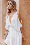 LC619680-1-S, LC619680-1-M, LC619680-1-L, LC619680-1-XL, White Women's Cold Shoulder Backless Deep V Neck Maxi Dress with Side Slit