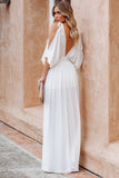 LC619680-1-S, LC619680-1-M, LC619680-1-L, LC619680-1-XL, White Women's Cold Shoulder Backless Deep V Neck Maxi Dress with Side Slit