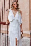 LC619680-1-S, LC619680-1-M, LC619680-1-L, LC619680-1-XL, White Women's Cold Shoulder Backless Deep V Neck Maxi Dress with Side Slit