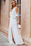 LC619680-1-S, LC619680-1-M, LC619680-1-L, LC619680-1-XL, White Women's Cold Shoulder Backless Deep V Neck Maxi Dress with Side Slit