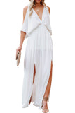 LC619680-1-S, LC619680-1-M, LC619680-1-L, LC619680-1-XL, White Women's Cold Shoulder Backless Deep V Neck Maxi Dress with Side Slit