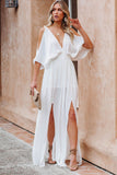 LC619680-1-S, LC619680-1-M, LC619680-1-L, LC619680-1-XL, White Women's Cold Shoulder Backless Deep V Neck Maxi Dress with Side Slit