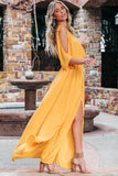 LC619680-7-S, LC619680-7-M, LC619680-7-L, LC619680-7-XL, Yellow Women's Cold Shoulder Backless Deep V Neck Maxi Dress with Side Slit