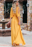 LC619680-7-S, LC619680-7-M, LC619680-7-L, LC619680-7-XL, Yellow Women's Cold Shoulder Backless Deep V Neck Maxi Dress with Side Slit