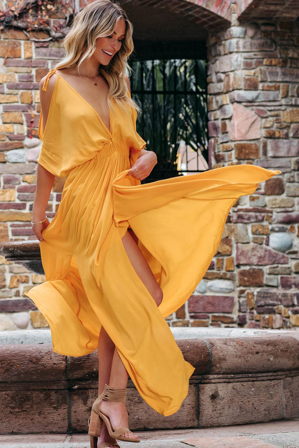 LC619680-7-S, LC619680-7-M, LC619680-7-L, LC619680-7-XL, Yellow Women's Cold Shoulder Backless Deep V Neck Maxi Dress with Side Slit